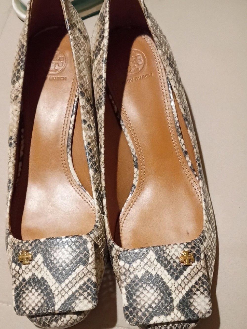 Tory Burch Snake-Print Square-Toe Pumps in Cream and Gray
